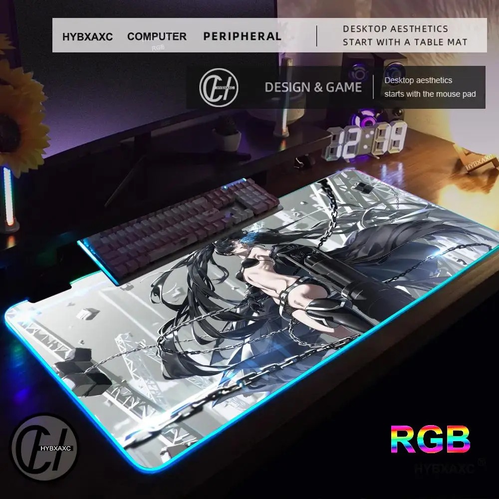 

Игровой коврик для мыши HYBXAXC Anime Black Rock Shooter с RGB-подсветкой, настольный коврик для геймеров, большой, с LED-подсветкой, XXL 90x40 см