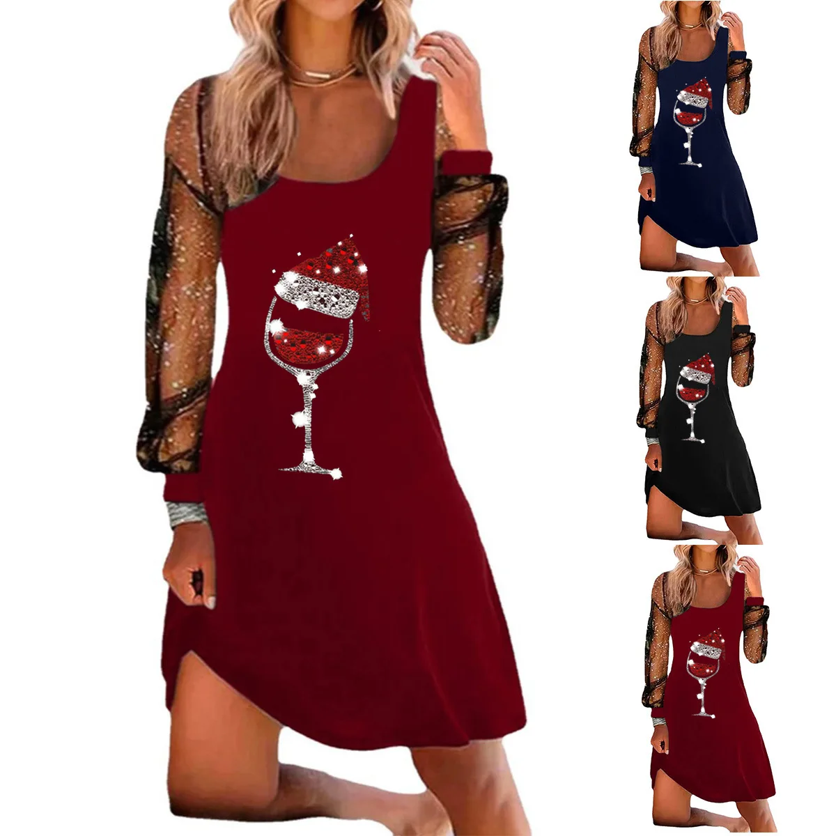 2024 Dress Women Female Clothing Fashion Elegant Evening Party Dresses Christmas Wine Glass Print Long Sleeve Pullover Dress