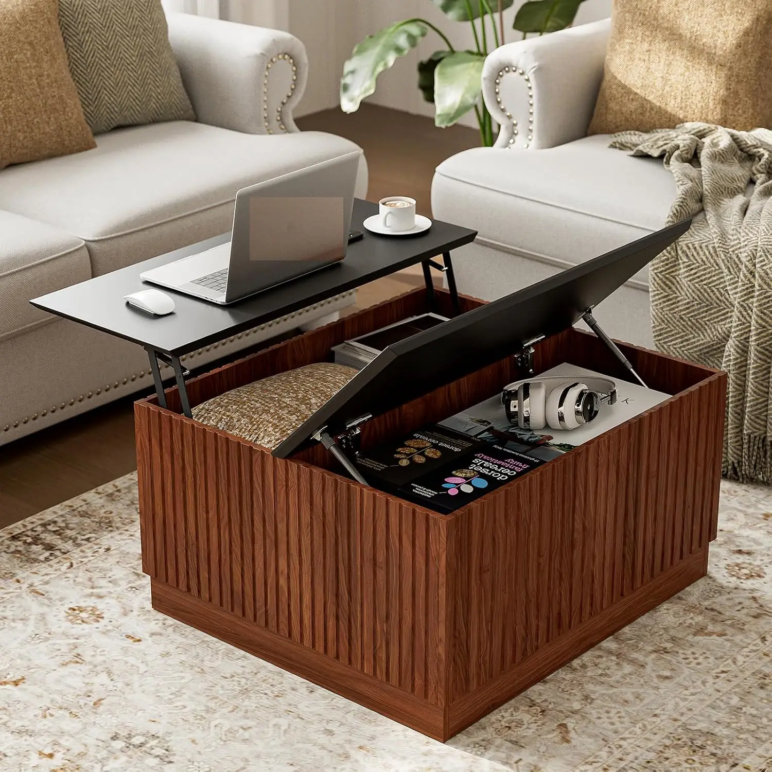 Lift-Top Coffee Table Mid-Century Fluted Walnut & Matte Black Finish, Customized