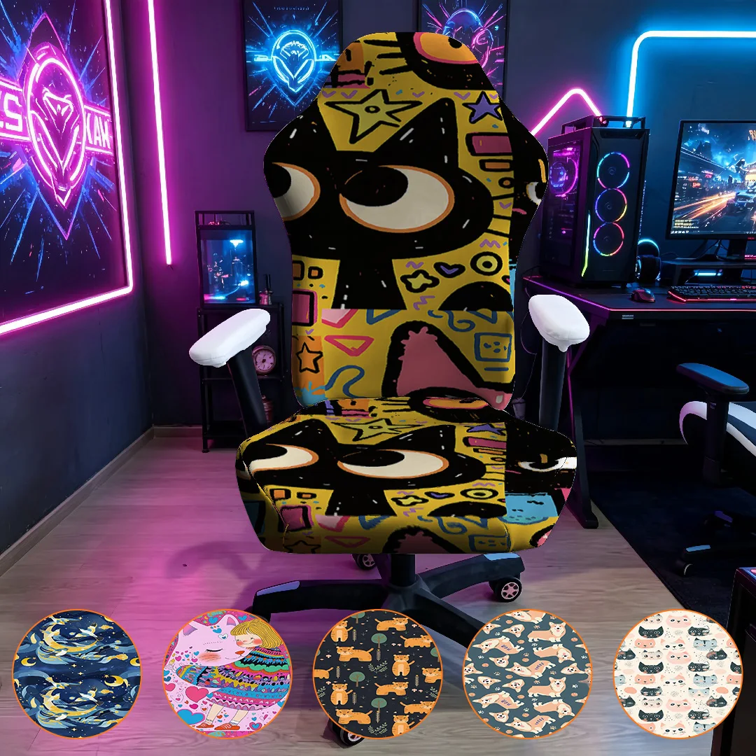 Cartoon Cat Pattern Gaming Chair Cover Stretch Spandex E-sports Chair Slipcover Removable Washable Protector