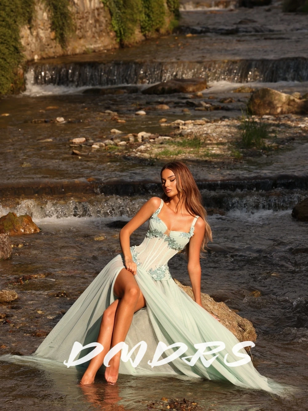 

Soft Flowy Mint Tulle A Line Evening Dress Romantic Corset Prom Gown With Flowers and Sequins Newest Sexy High Slit Customized