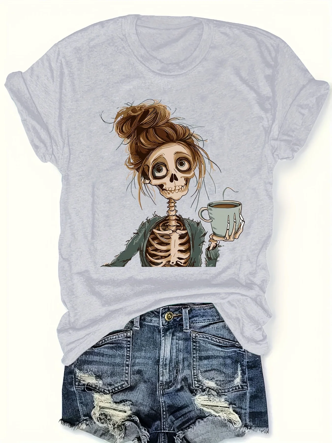 Skull Print Crew Neck T-Shirt Casual Short Sleeve T-Shirt For Spring & Summer Women's Clothing