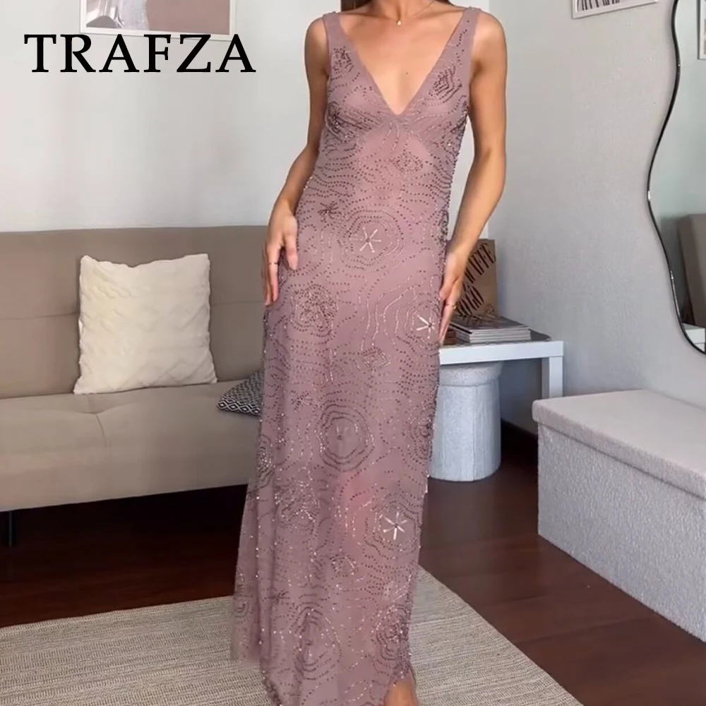 

TRAFZA Chic Sexy Pink Beading Night Party Sheath Woman Dresses Elegant Fashion 2025 Summer V-Neck Beach Dress Y2K Tank Vestidos