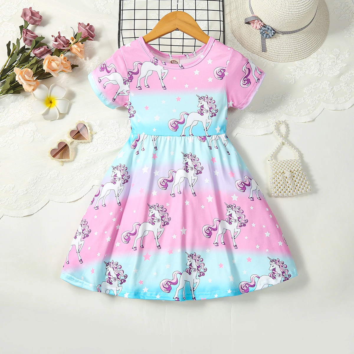 Girls Cute Unicorn Star Gradient Rainbow Full Print Round Neck Short Sleeve Waist Cinched Casual Dress