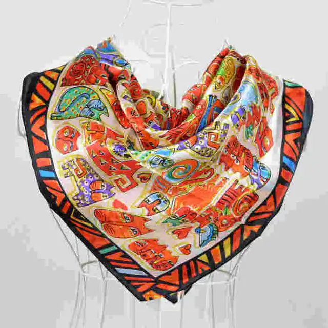 90*90cm Orange White 100% Mulberry Big Square Silk Scarves Printed,Fashion Hot Sale 100% Silk Crepe Satin Scarf Shawl