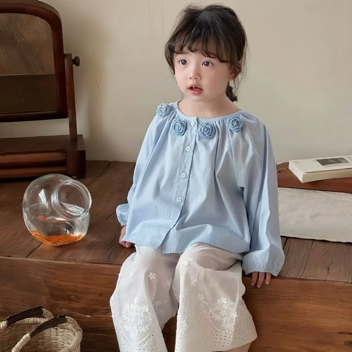 

2026 Spring Autumn New Korean Fashion Girls' Camellia Shirt Long Sleeve Baby Girl Doll Shirt Children's Top 1-7Y