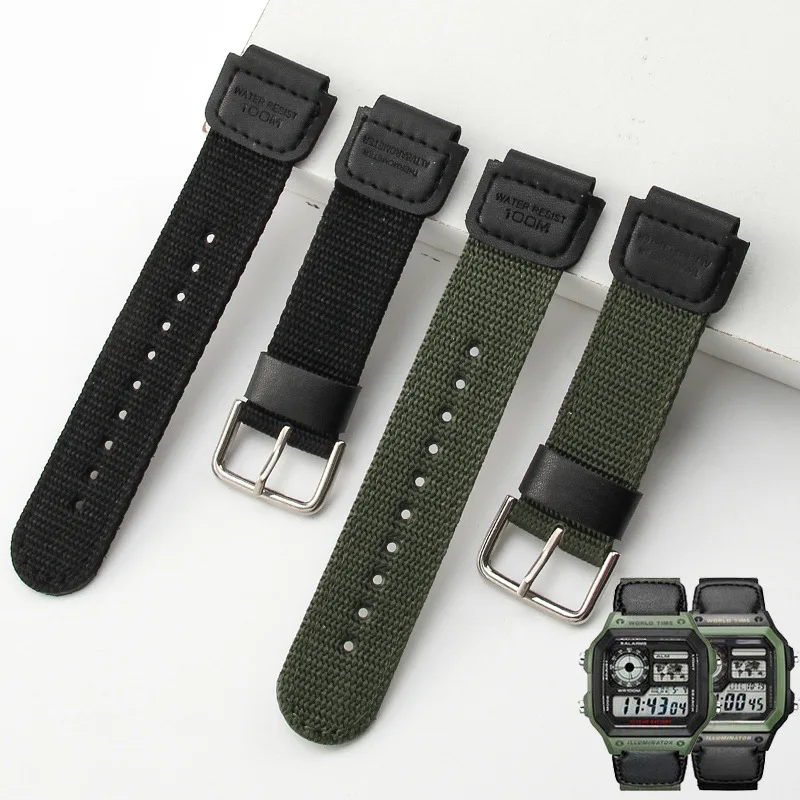 18mm Green Black Nylon Watch Band Strap Fit for Casio G Shock W-S200H W-800H W-216H W-735H F-108WH W-215 AEQ-110W /SGW-300H/400H