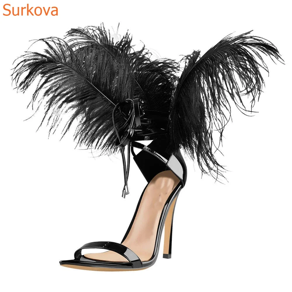 

Straight Strap Feather Women Sandals Peep Toe Stiletto Heels Buckle Strap Cover Heel Summer Fashion New Arrivals Women Shoes