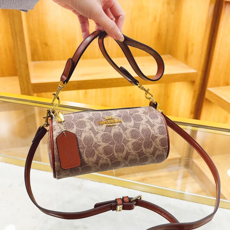 Light luxury shoulder bag cylindrical bag women's tide retro printed messenger bag women's bag pillow bag