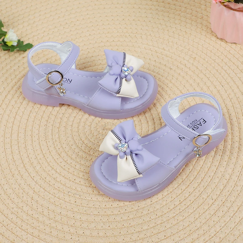 Meisjes Prinses Sandalen 2024 Zomer Nieuwe Baby Sparkly Steentjes Strik Schoenen Mode Antislip Plat Kinder Sandalen