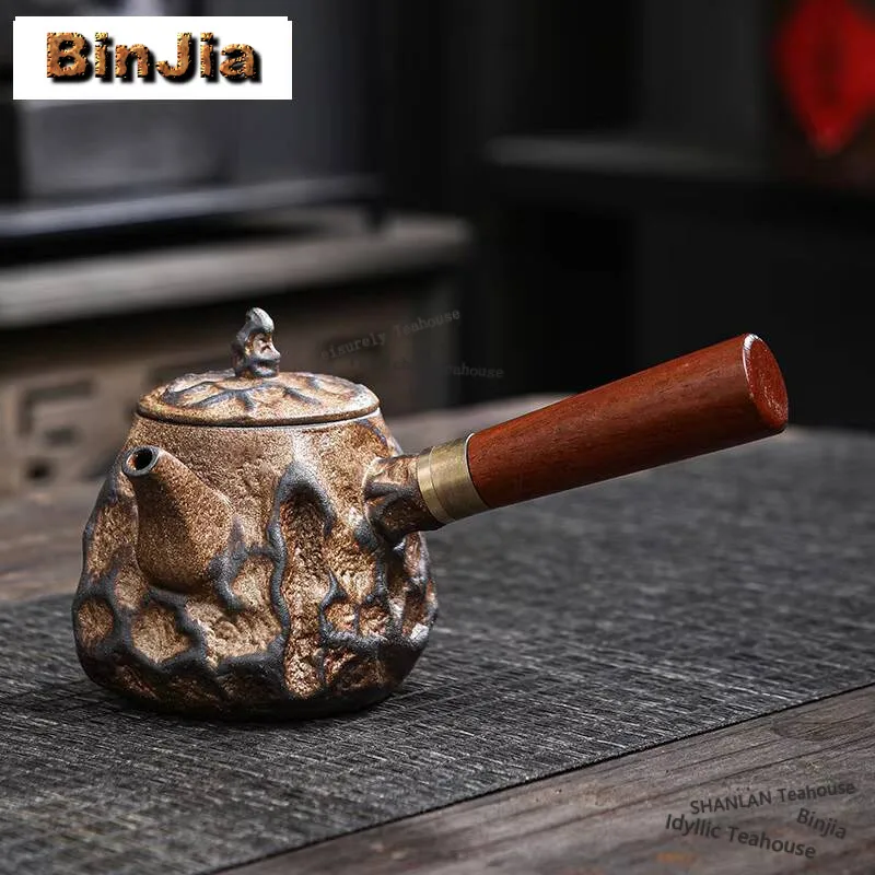 

150ml Handmade Old Rock Mud Teapot Retro Crude Pottery Solid Wood Side Handled Pot Tea Maker Kettle Teaware Accessories Crafts