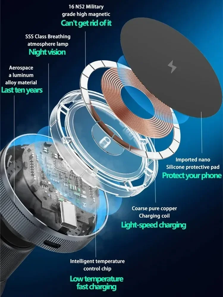 마그네틱 무선 차량용 충전기 LED 라이트, 휴대폰 거치대 마운트 자석 고속 충전 스테이션, 아이폰 16, 15, 14, 13, 12 프로 맥스용