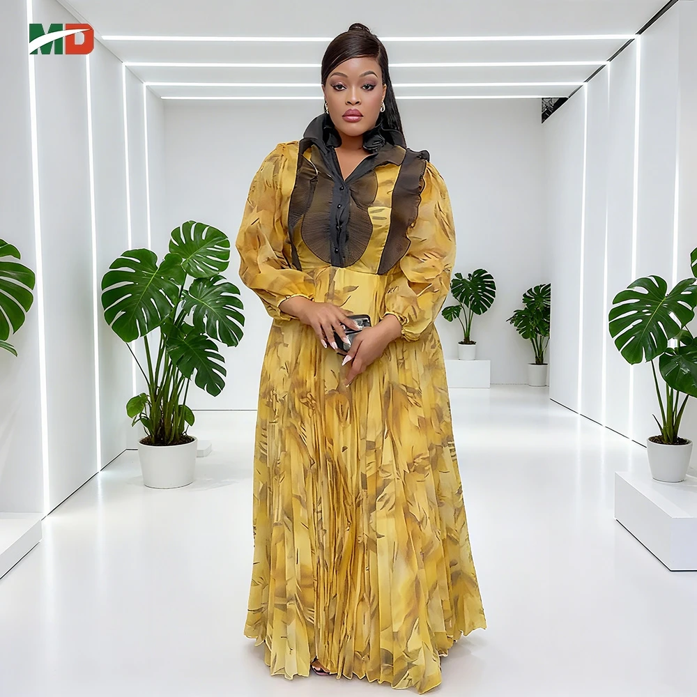 Gaun Maxi Motif Bunga Afrika Baru dengan Kerah Berlipit Hitam, Lengan Mengembang, Desain Rok Lipit untuk Pesta Taman dan Pemakaian Sehari-hari