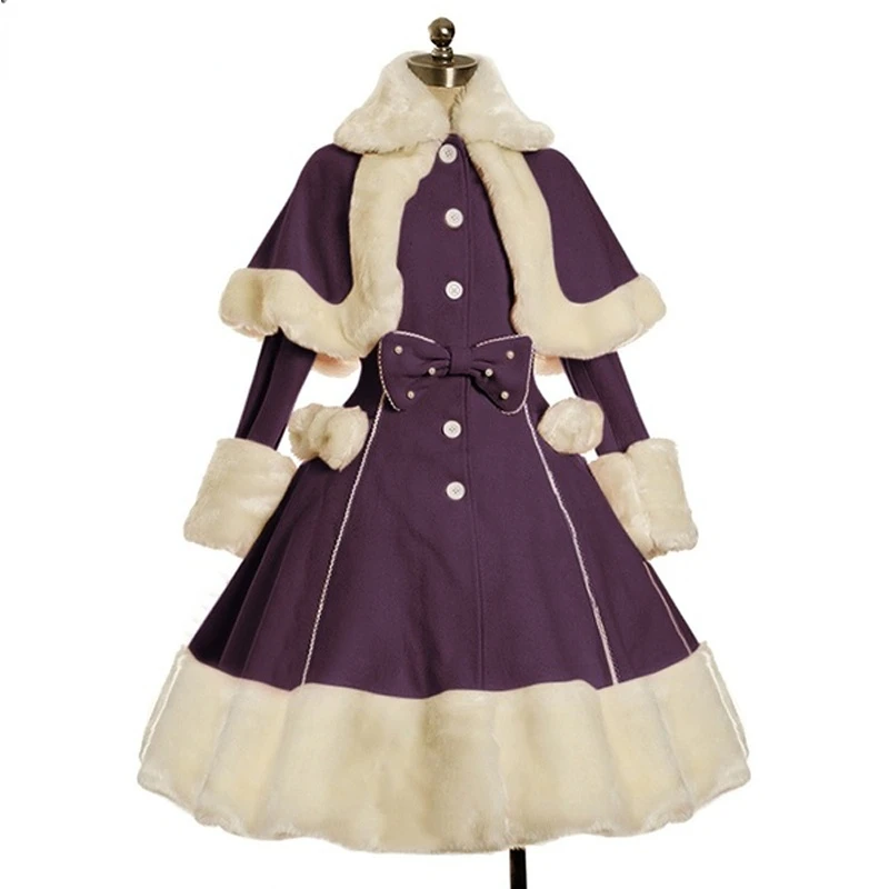 Donne Lolita autunno cappotto caldo collo di pelliccia Bowknot vestito giacca moda dolce principessa petto soprabito Costume di Halloween