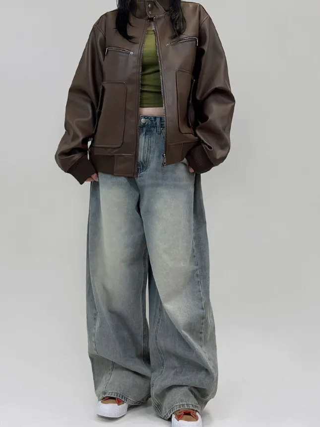 

American Retro Wide Leg Jeans Women Loose Folded Design Straight Floor-Length Lazy Knife Pants High Waist Denim Ladies