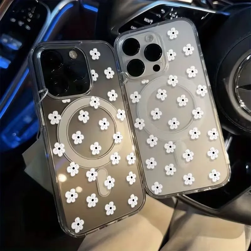 For iPhone 17 16 15 14 13 12 11 Pro Xs Max Plus Air Mini XR X 17e 16e White Small Flower Phone Case With Anti Drop Magsafe Cover