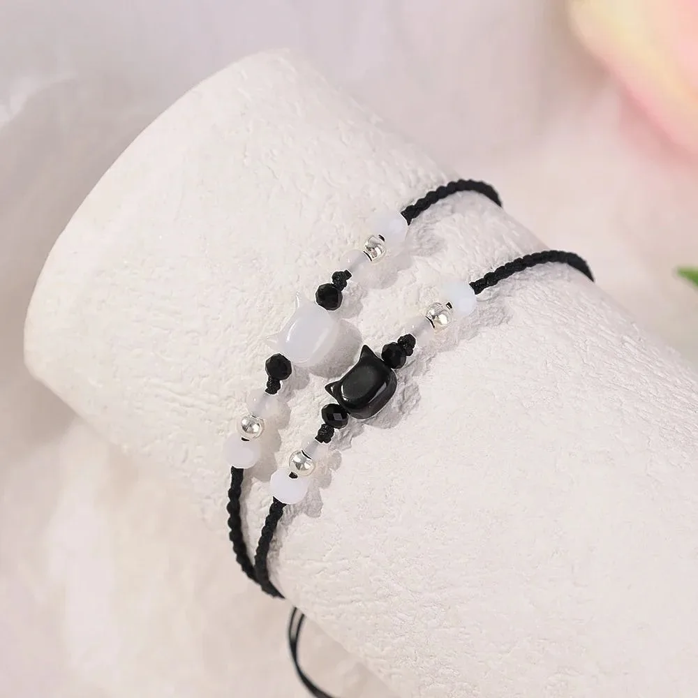 Fashion Handmade Black Rope Bracelet Black And White Cat Moonstone Adjustable Bracelet Minimalis Adjustable Jewelry Gifts Girl