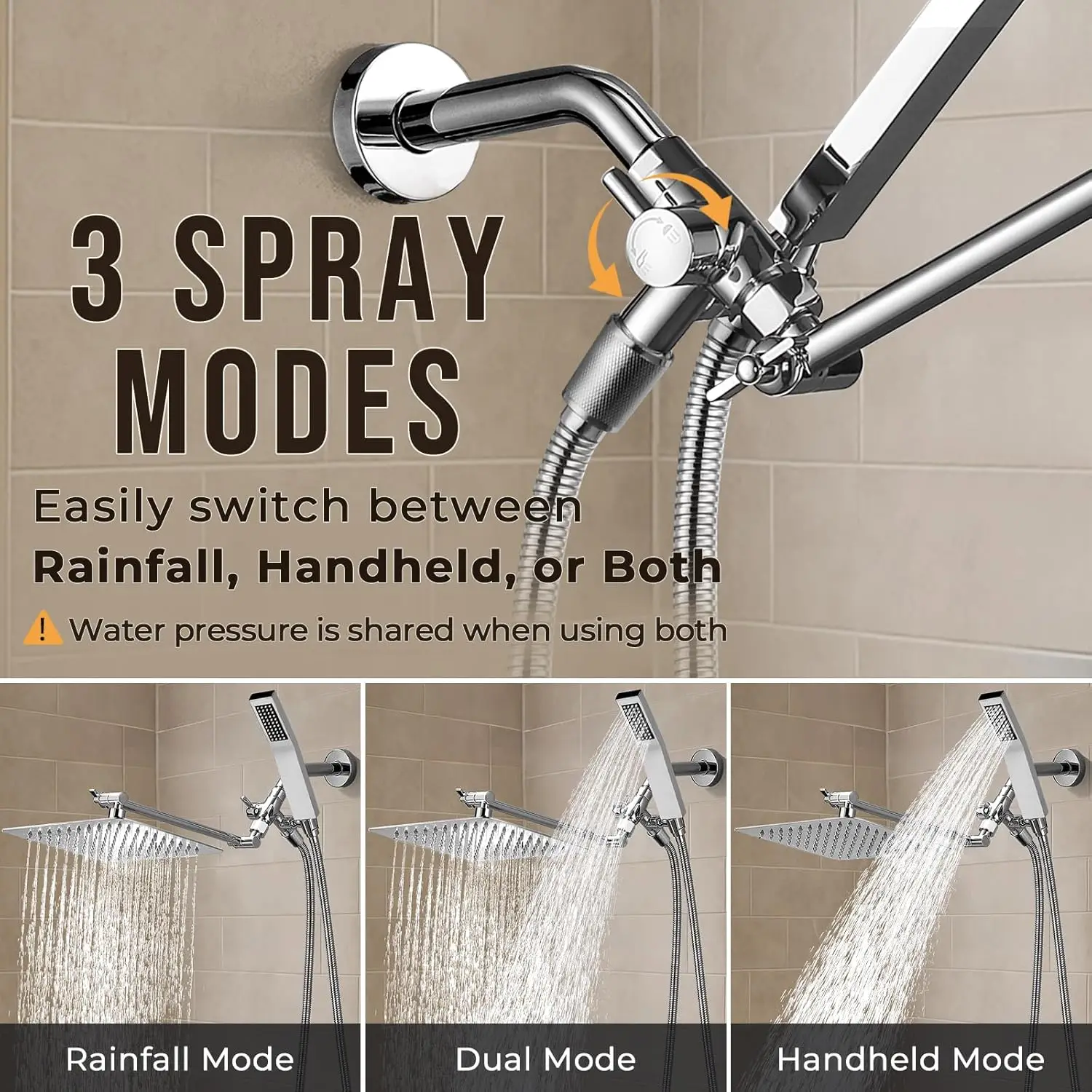 8-Inch Dual Square Shower Head with Handheld Spray, Adjustable Arm and Long Hose for Bathroom Upgrade in Chrome