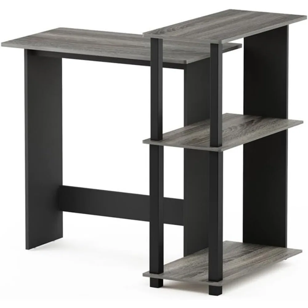 Compact Corner Computer Desk with Bookshelf, French Oak Grey/Black - Space-Saving Design