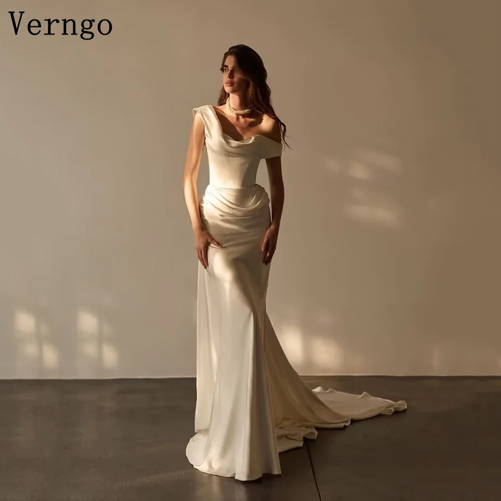 Verngo lvory Satin Pleated Simple Wedding Dress O Neck Mermaid Sweap Train Bridal Gowns Maxi Prom Bride Dress Customized