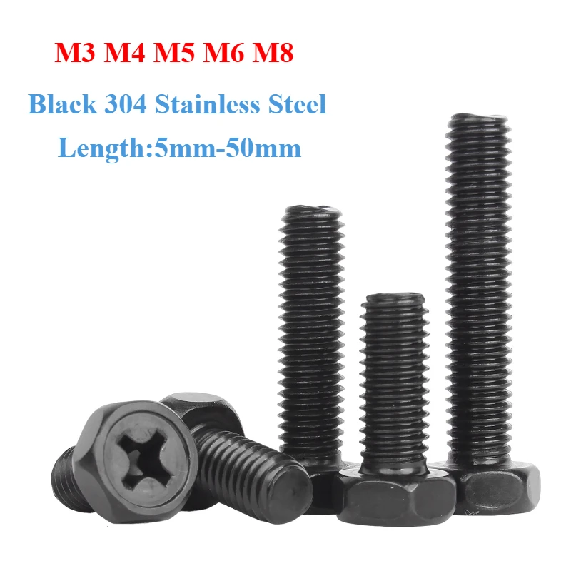 M3 M4 M5 M6 M8 Black 304 Stainless Steel Cross Recessed External Hexagon Head Screw Phillips Outside Hex Bolt Length 5mm-50mm