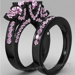 Princess Cut Lab Pink Sapphrie Diamond Ring Set Black Gold 925 Sterling Silver Engagement Wedding Band Rings for Women Men