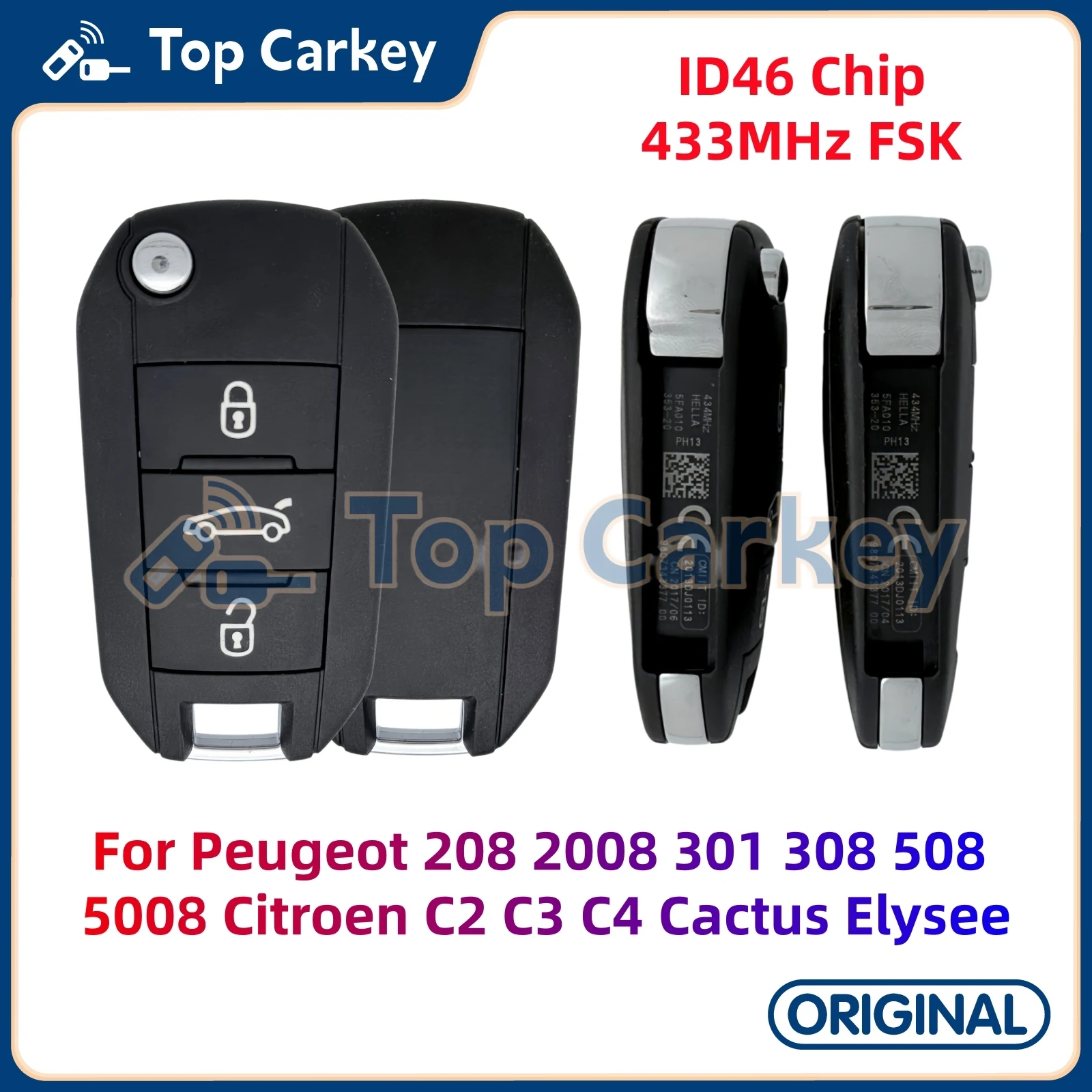 

TopCarkey 5FA010 Original Flip Remote Key ID46 433MHz for Peugeot 208 2008 301 308 408 508 5008 for Citroen C2 C3 C4 Elysee