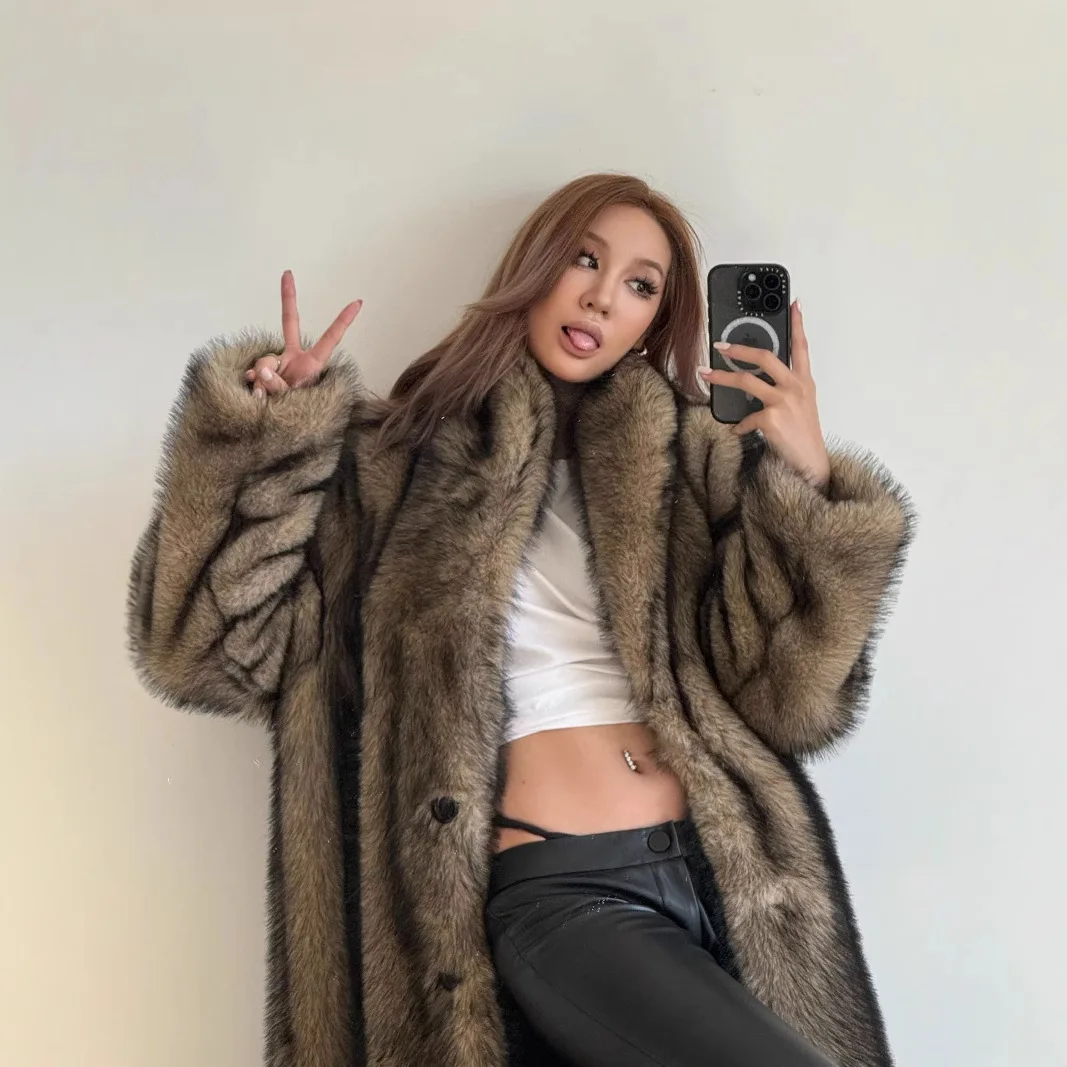 

Осенне-зимнее женское пальто из искусственного меха с градиентным воротником с лацканами, куртка из искусственного лисьего меха для женщин, длинное женское норковое пальто с пушистыми волосами
