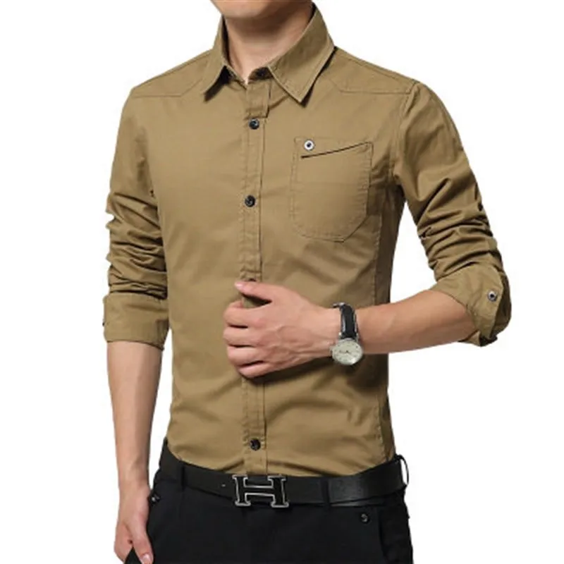 

Classic Military Style Men's Long Sleeve Shirts PU Leather Vintage Look Casual Spring Fashion Standard Fit Longsved Tops