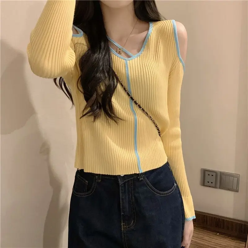 Femme Spring Summer Korean Fashion Simplicity Screw Thread Solid Color O-neck Women Clothes Fashionable Patchwork Long Sleeve