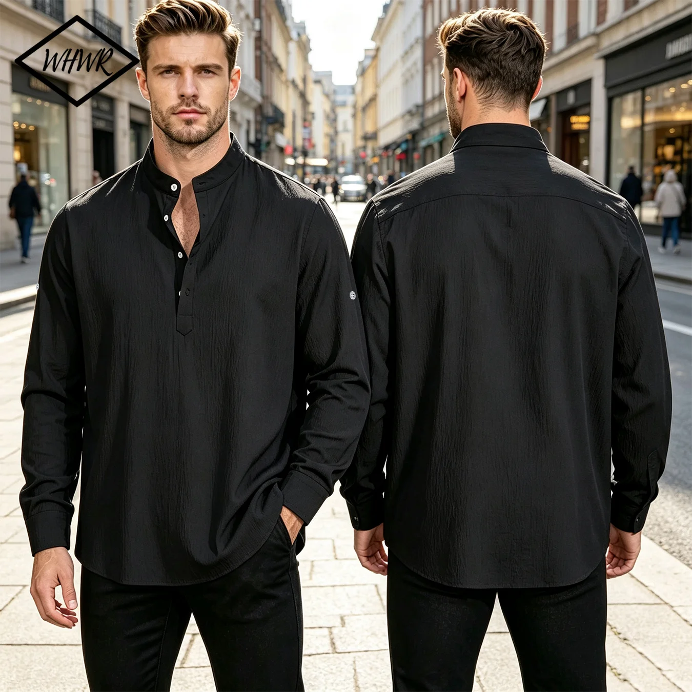 Men Mandarin Collar Henley Shirt Long Sleeve Stand Collar Half Placket Button Crinkled Texture Casual Top Lightweight for Daily Streetwear Vacation