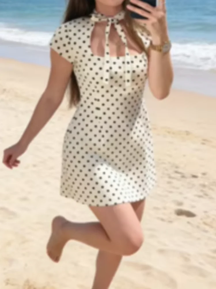 

Элегантное женское мини-платье в горошек на шнуровке с короткими рукавами, приталенное, шикарное, прямого кроя, А-силуэт, вечерние платья 2026