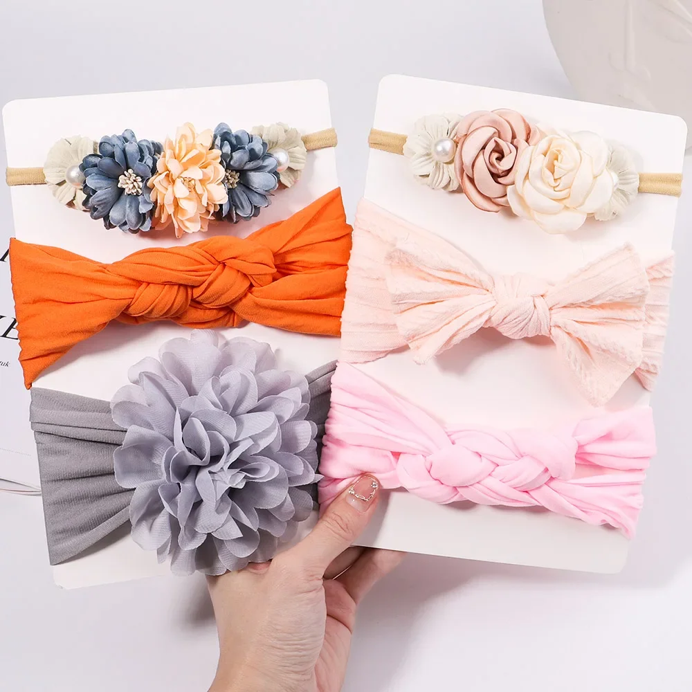 Conjunto de 3 tiaras elásticas para a menina, tricotar tiaras com flor, turbante de nylon, acessórios de cabelo recém-nascido