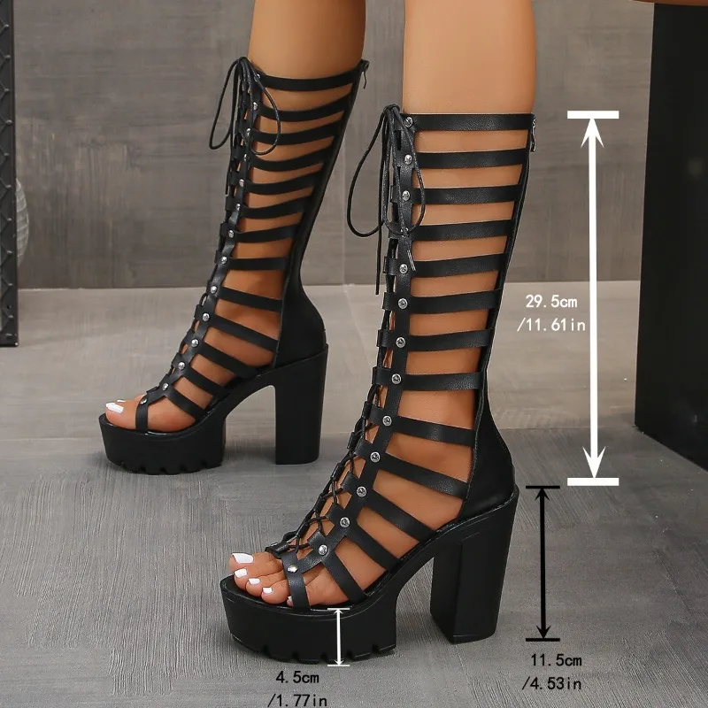 

12cm High-heel Women Cool Boots Luxury Designer Thick-heeled Hollow Out Cool Boots Fashion Lace Up High-top Cool Boots Sandalias