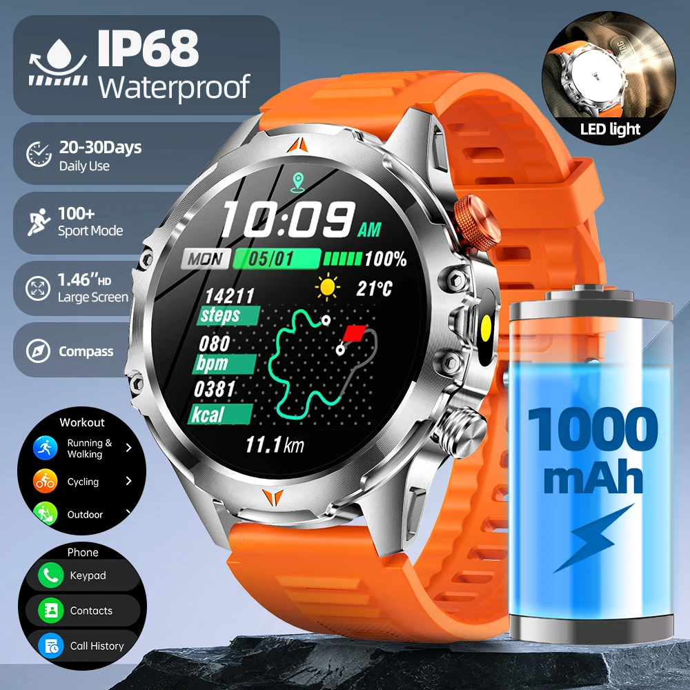 

Yoateo мужские умные часы с Bluetooth-звонком, аккумулятор 1000 мАч, фитнес-трекер, водонепроницаемые часы, компас, монитор сердечного ритма, умные часы