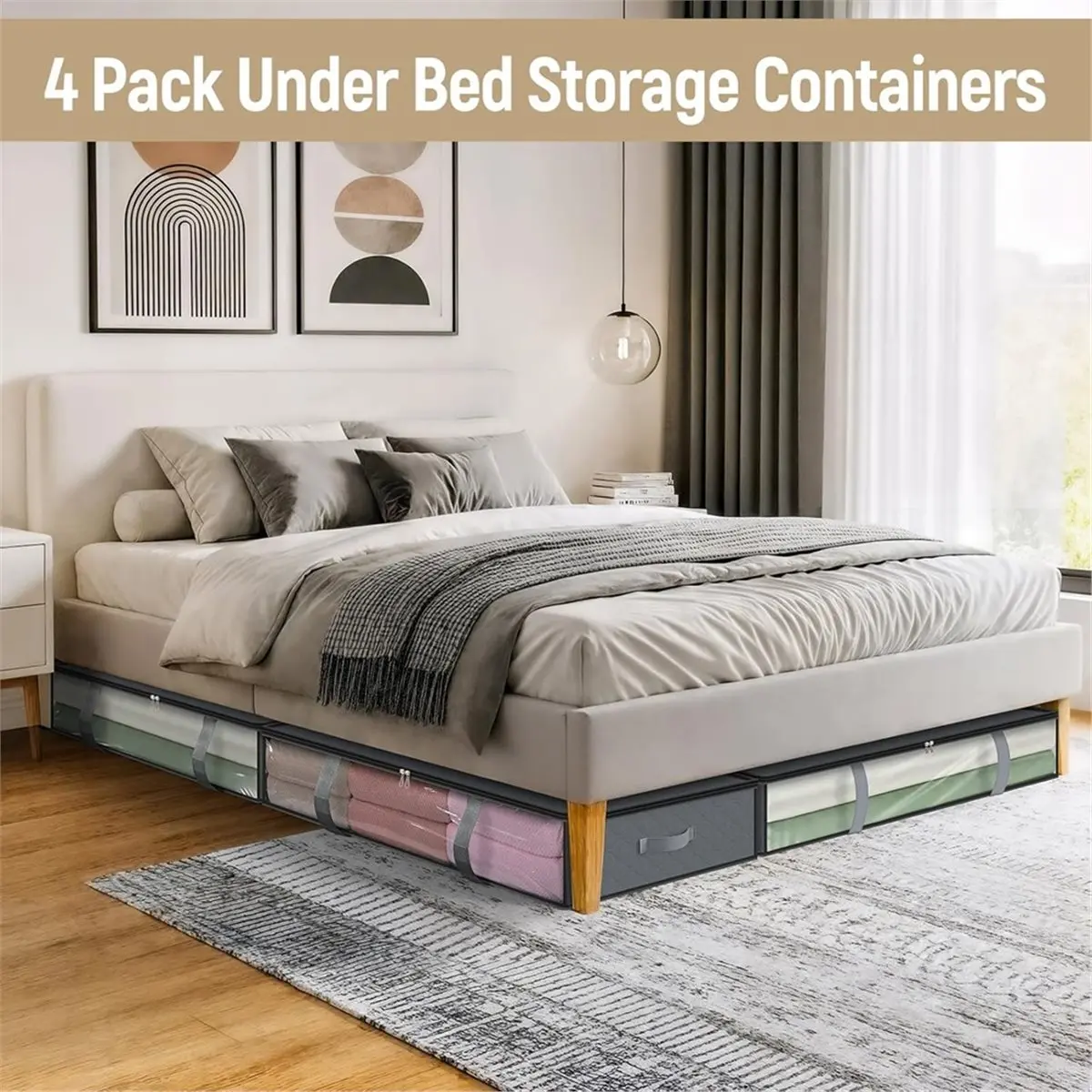 ABNH 4pcs Under Bed Storage Containers - Organizers for Clothes, Blankets & Shoes with Handles
