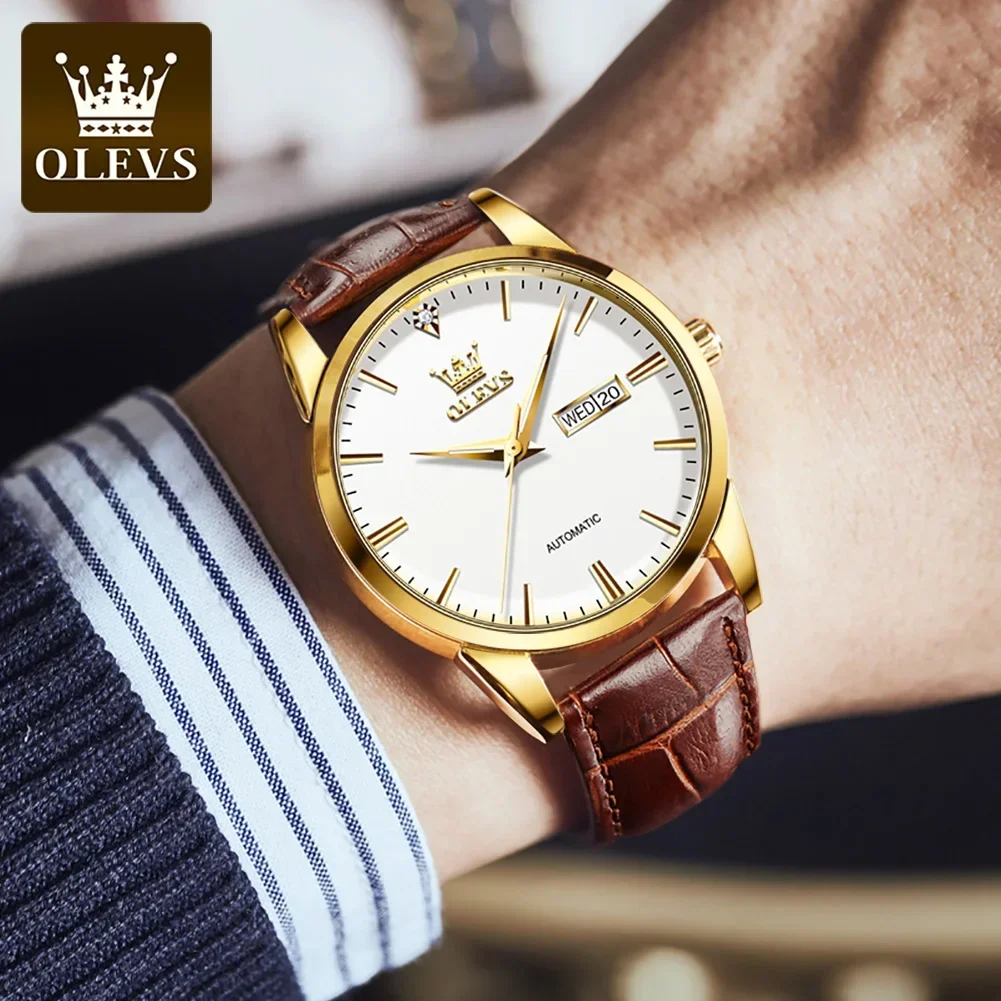 OLEVS Automatic Mechanical Watch for Men Classic Leather strap Men\'s Watch Date Week Waterproof Luminous Wristwatch Reloj Hombre