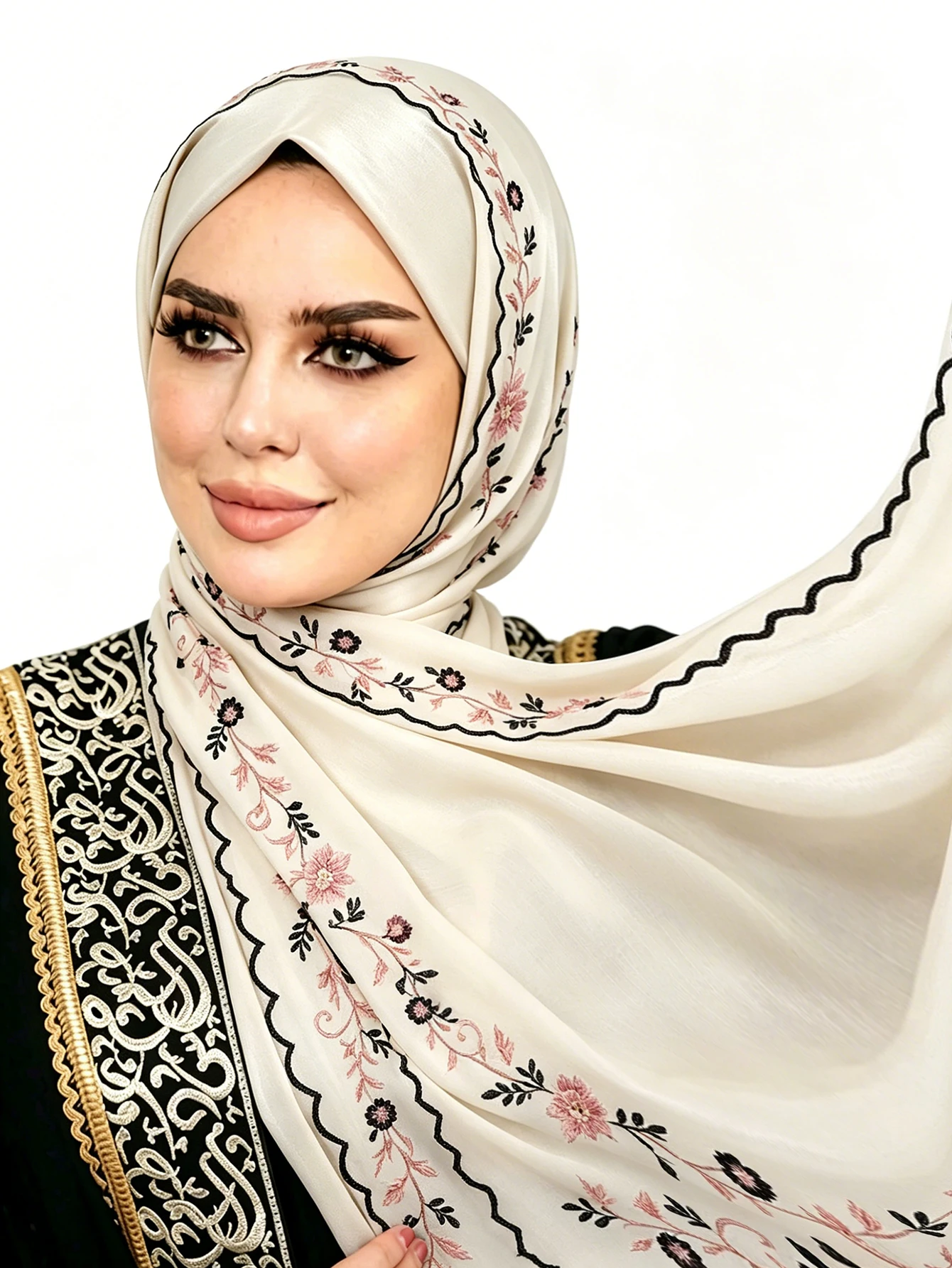 Floral Embroidery Chiffon Hijab Wave Scalloped Edge Scarf Muslim Women Headscarf Soft Shawl Islamic Ladies Shawl