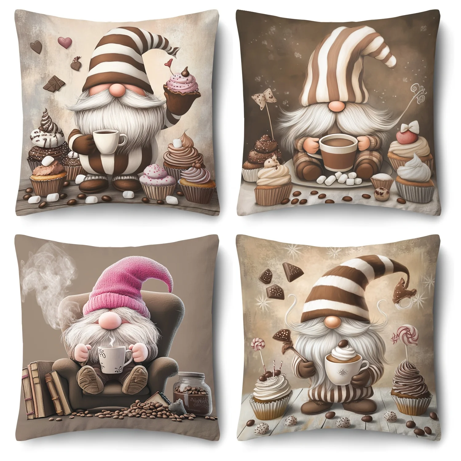 4Pcs Coffee Gnome Throw Pillow Covers Retro Brown Dessert Cupcake Sofa Cushion Cases Home Decoration No Pillow Insert