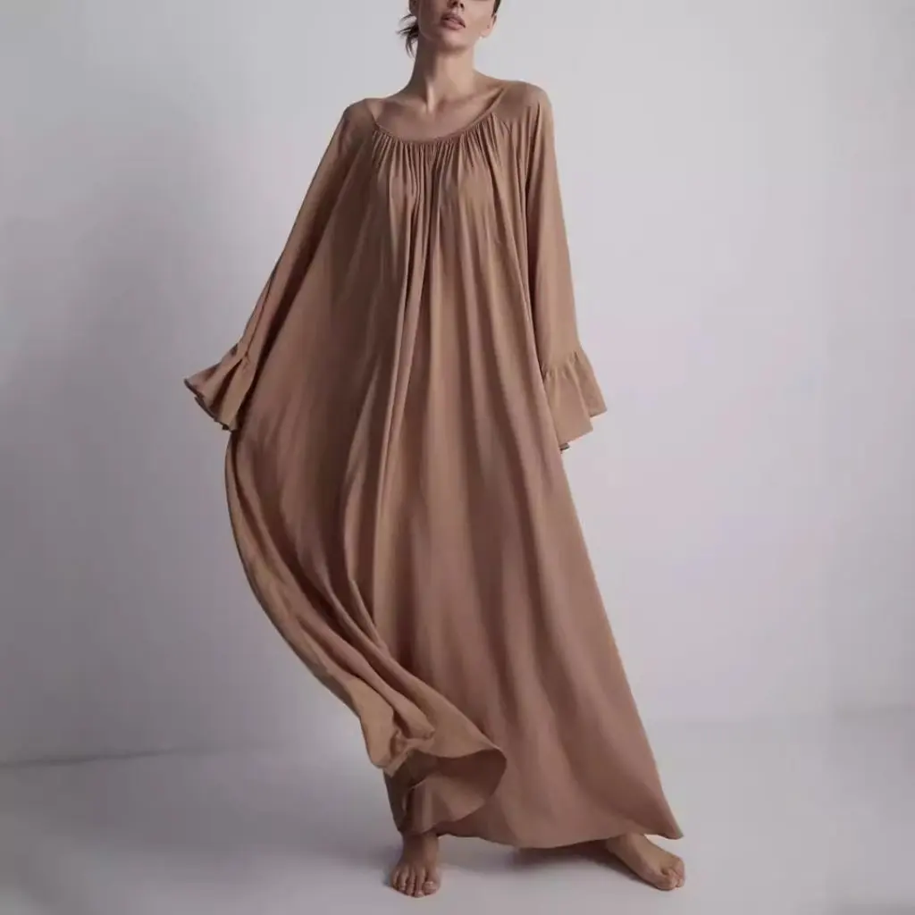 Vestido feminino estilo preguiçoso cor sólida vestido solto elegante vestido maxi casual para todas as estações