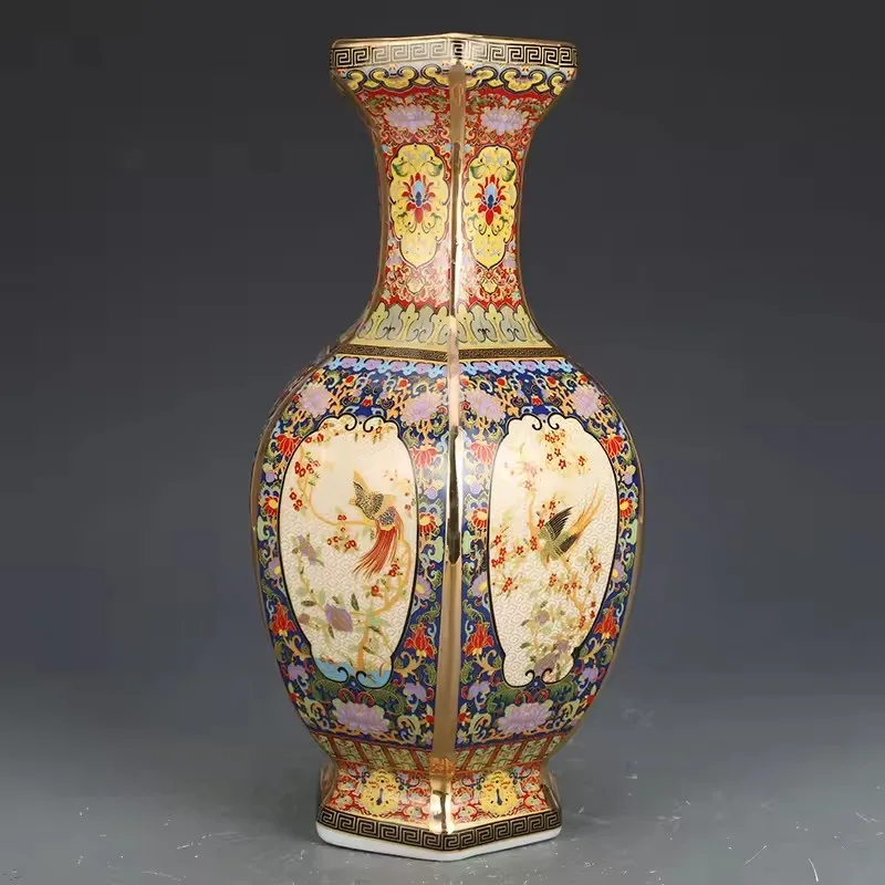 26.5cm/Antique Porcelains Yongzheng Official Kiln Vase Living Room Pastel Ornaments Jingdezhen Porcelain Hexagons Vase Enamel Po