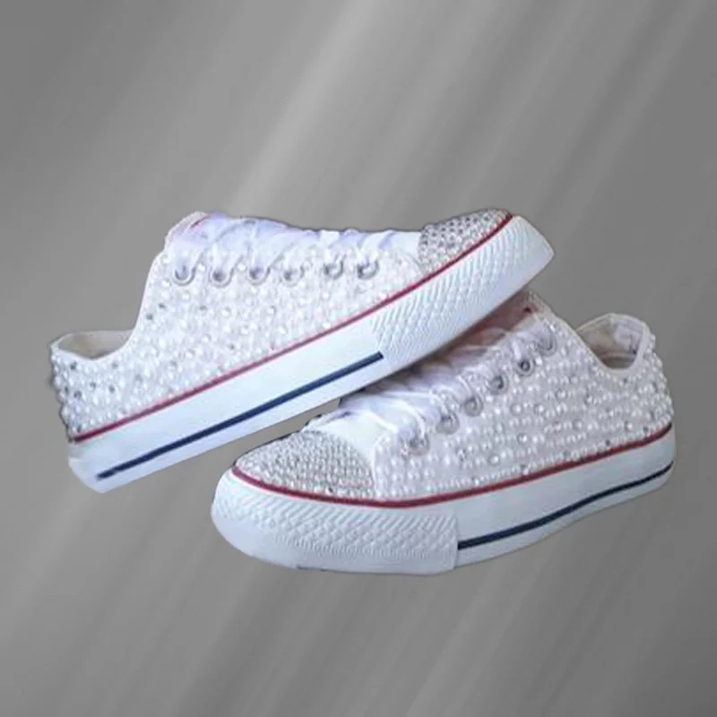 Low-top white ribbon canvas shoes with pearl rhinestones comfortable walking handmade rhinestone vulcanized shoes 35-46