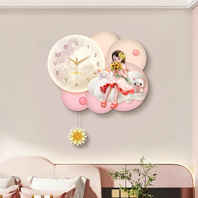 Nature Cartoon Girl Wall Clock Stylish Living Room Digital Wall Clock Hands LED Light Luxury Orologio Da Parete Home Decoration