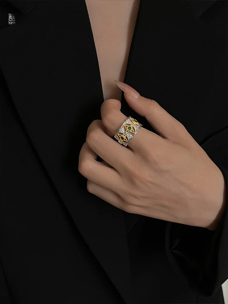 

Винтажное кольцо с зеленым цирконом, ажурный дизайн, парные кольца, стиль для среднего возраста, обручальные кольца, модные женские ювелирные украшения, аксессуары