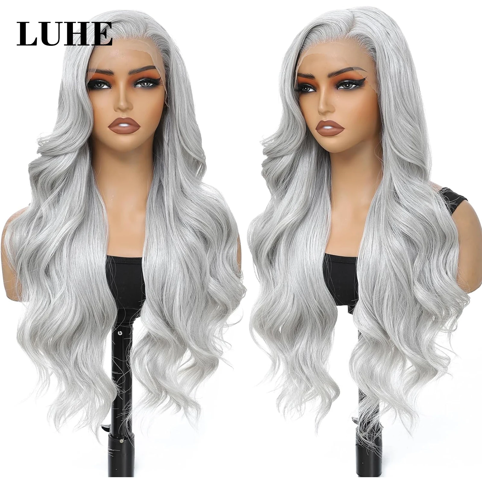 13x3 Lace Front Wigs for Black Women Cosplay Silver Grey Colored Body Wave Synthetic Hair Wig 26 Inch Long Wavy Lace Frontal Wig