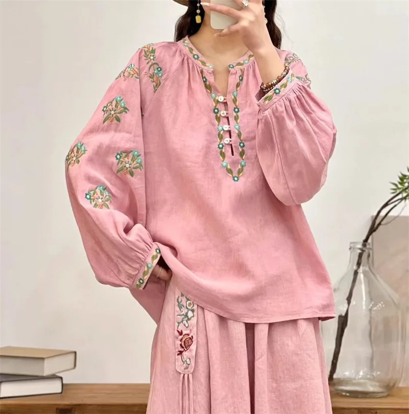 

2024 Spring New V-neck Half cardigan Button Retro Art Embroidery High Quality Cotton and Hemp Aging Forest Series Top for Women