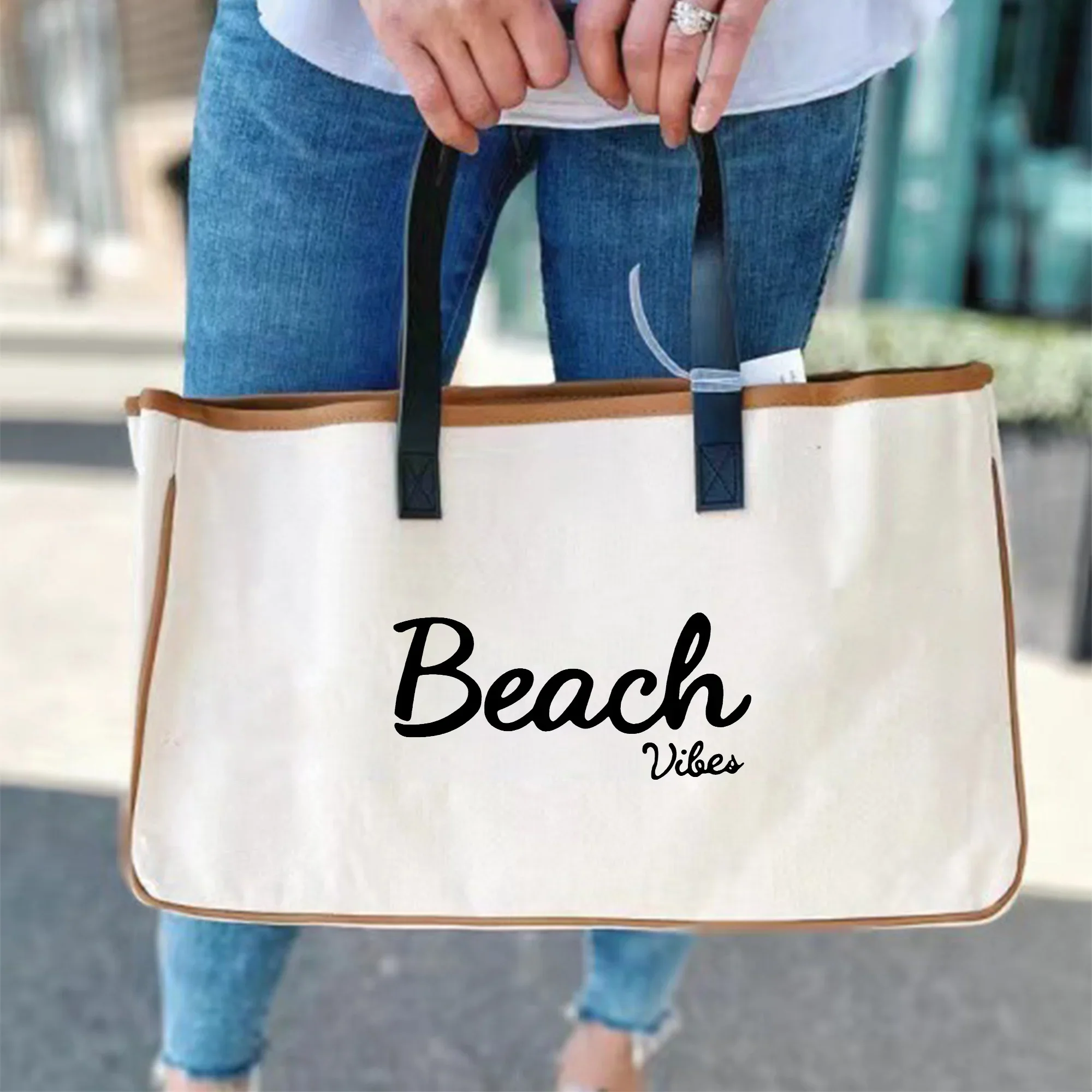 حقيبة كتف قماشية ذات سعة كبيرة ، هدية إبداعية ، طباعة أمامية للشاطئ ، حقيبة حمل ملونة ، كل مباراة ، كاجوال