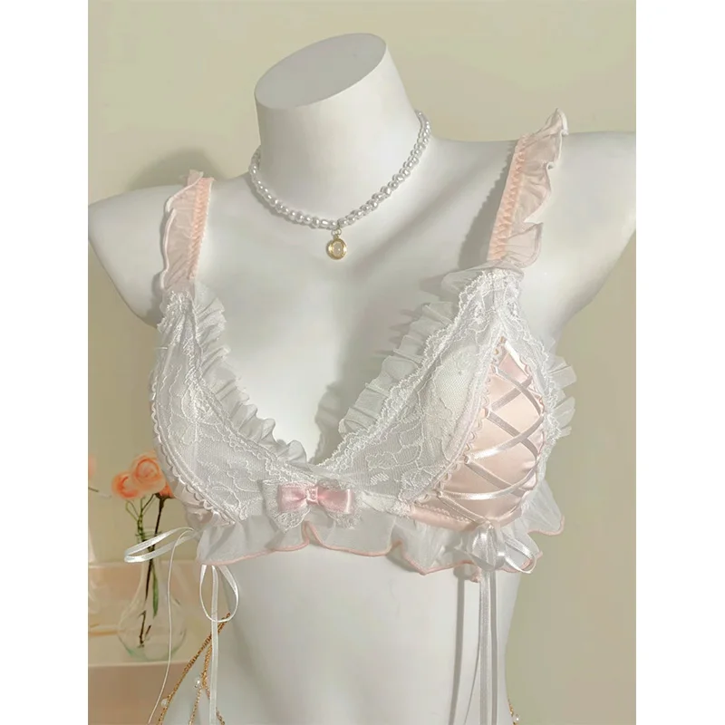 

Japanese Transparent Bra And Panty Set Lolita Lace Cup Underwear Women Lingerie Set Rabbit Ear Chest Pad Thin Bralette