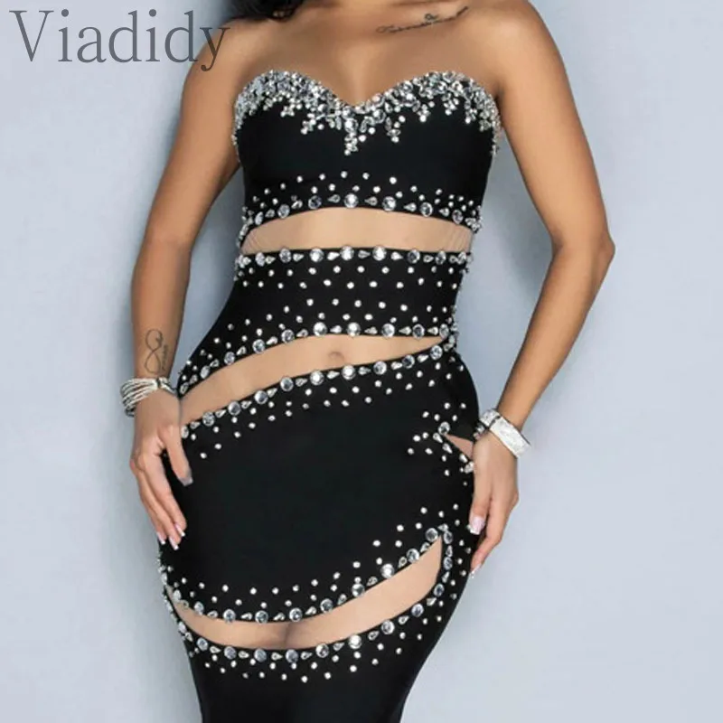 ผู้หญิงเซ็กซี่สีทึบ Sheer ตาข่าย Spliced Rhinestone ตกแต่ง Bandeau Maxi Party Dress