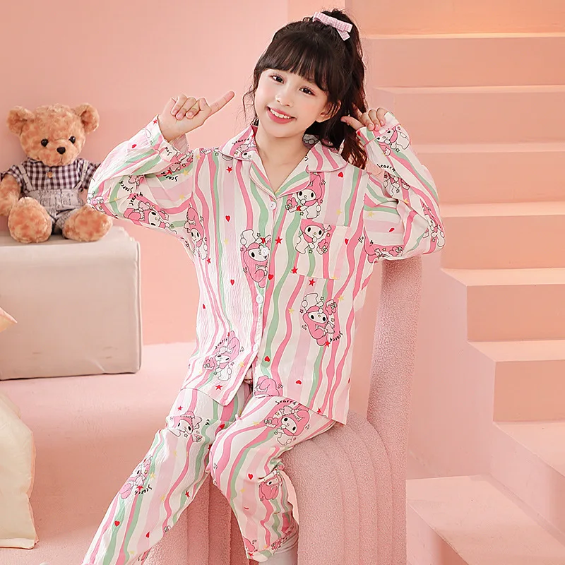 Sanrios Child Pajamas Girl Long Sleeves Pure Cotton Spring Autumn Kawaii Cartoon Cartoon Sweet Girl Cartoon Lounge Clothes Suit